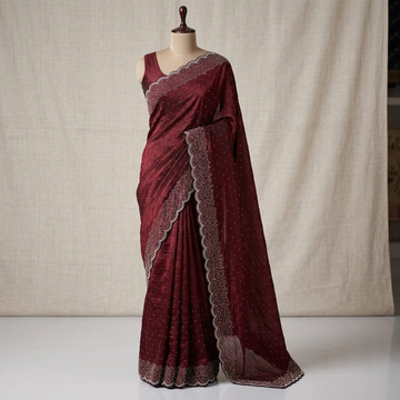 Deep Maroon Satin Silk Saree with Pearl Stone Scallop Border