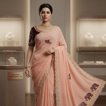 Peach Velvet Elephant Motif Saree