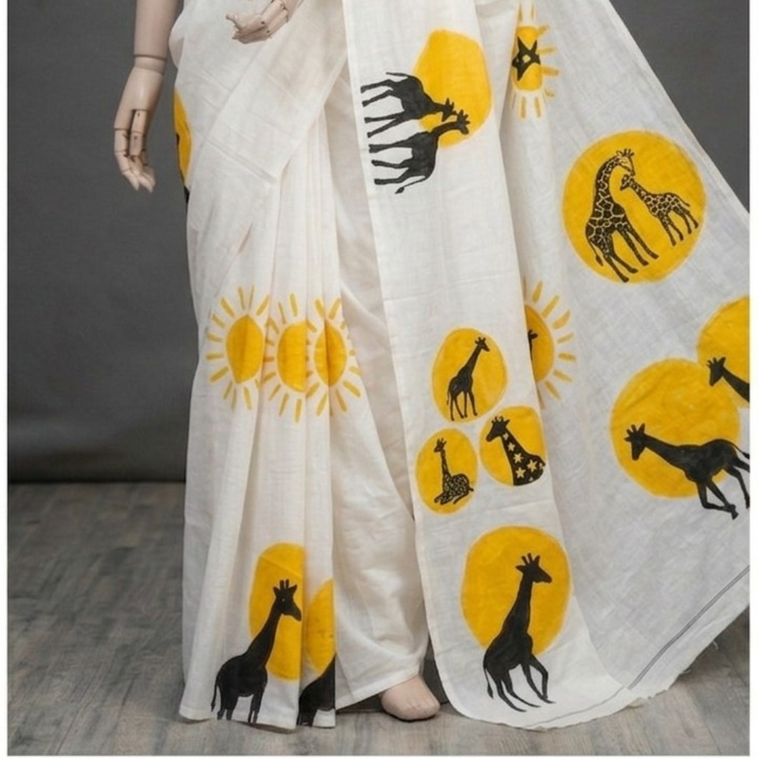 White Giraffe Print Linen Saree
