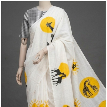 White Giraffe Print Linen Saree