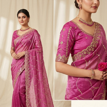 Pink Tissue Silk Stone Work Saree