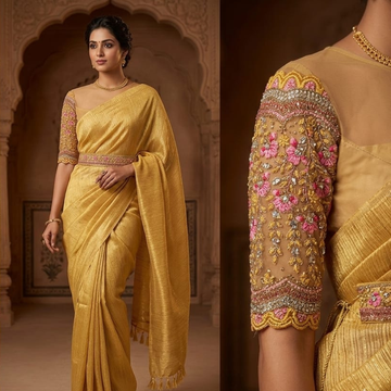 Golden Tissue Silk Saree with Hand Embroidered Floral Blouse