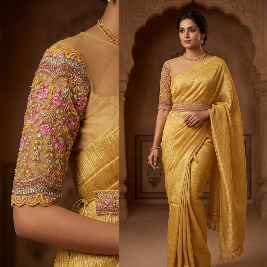 Golden Tissue Silk Saree with Hand Embroidered Floral Blouse